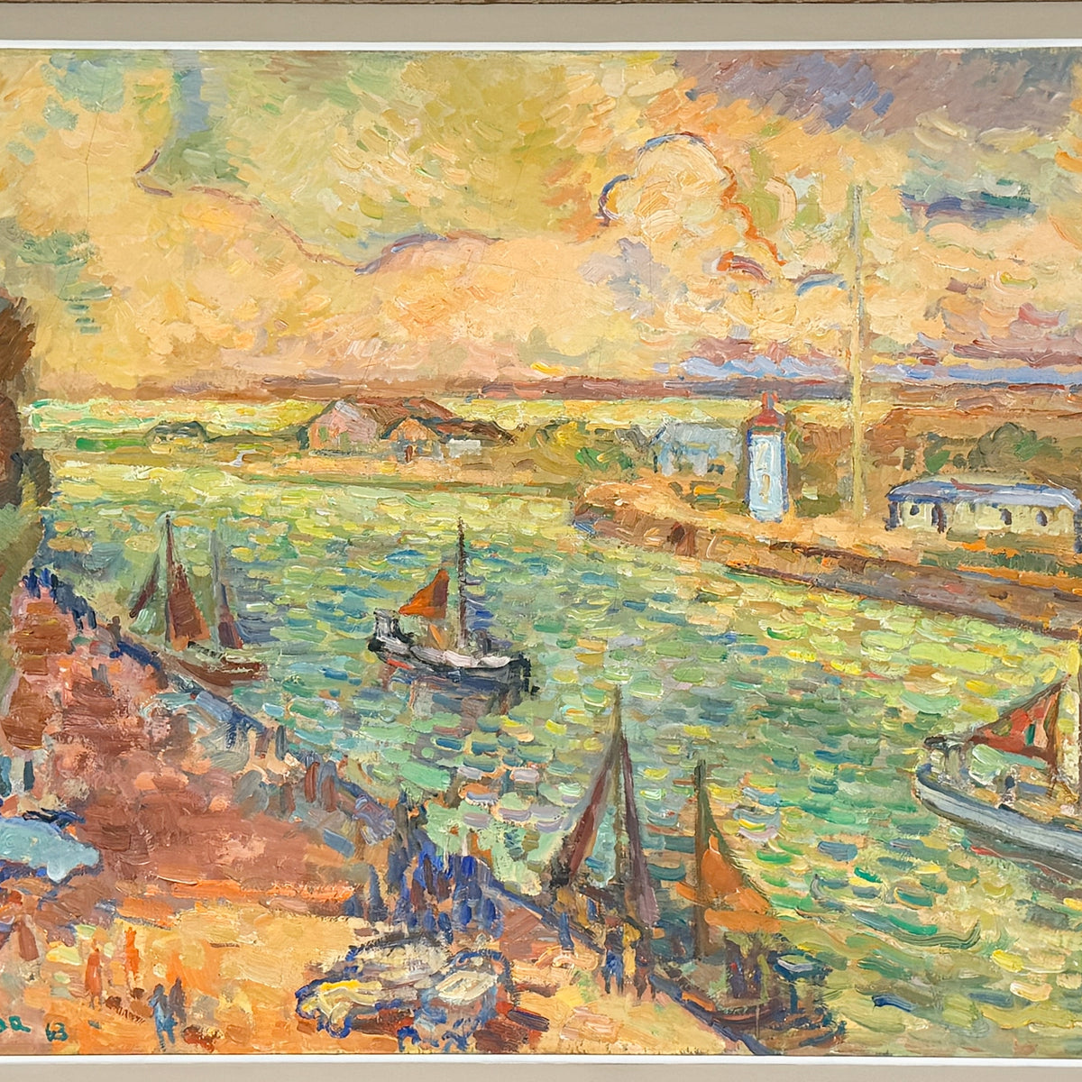Henri Saada Post Impressionist Painting 'Port of Hon Fleur' Mid-20th Century Artwork Oil on Canvas - Markies Antiques Ltd
