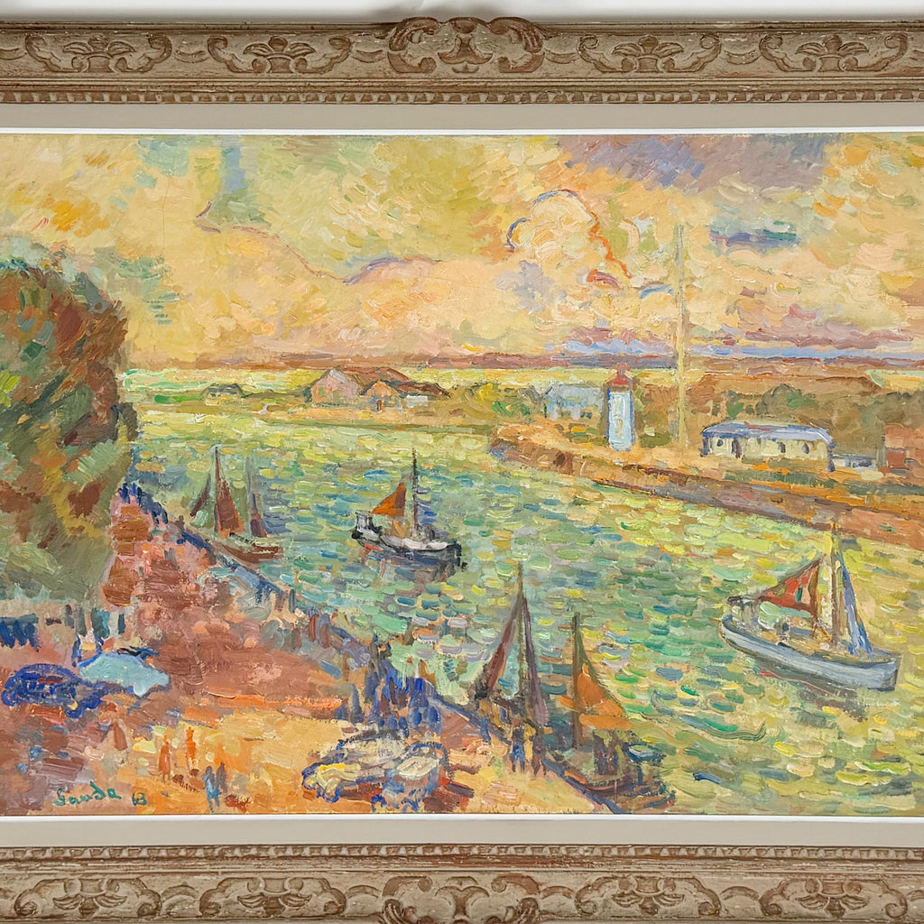 Henri Saada Post Impressionist Painting 'Port of Hon Fleur' Mid-20th Century Artwork Oil on Canvas - Markies Antiques Ltd