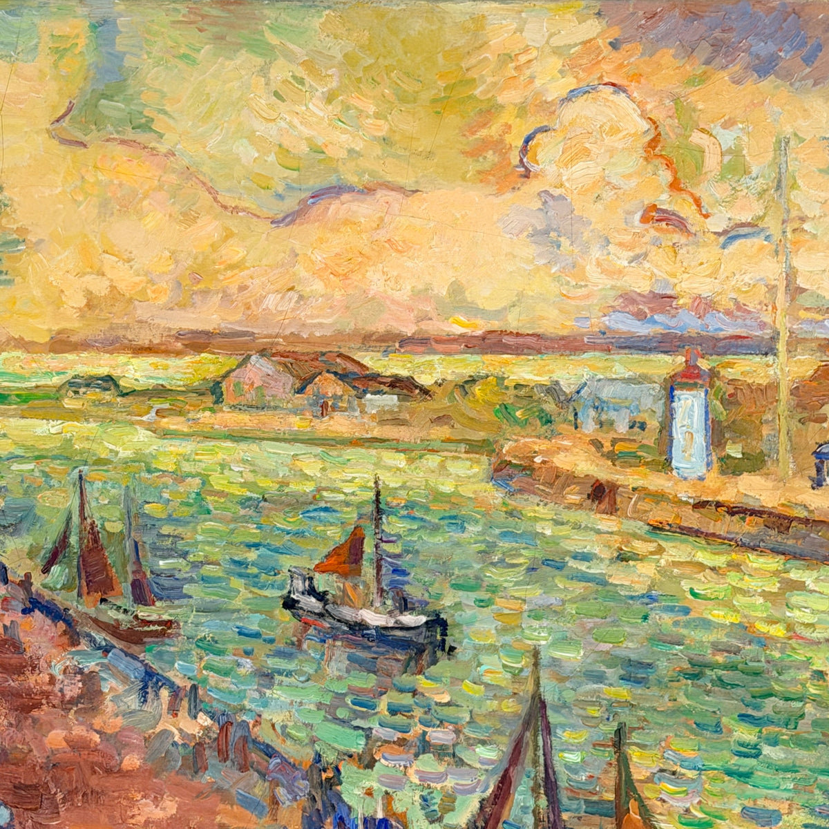 Henri Saada Post Impressionist Painting 'Port of Hon Fleur' Mid-20th Century Artwork Oil on Canvas - Markies Antiques Ltd