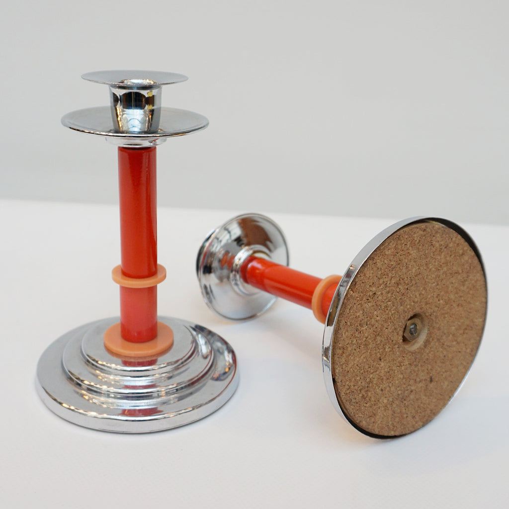 Pair of Art Deco Candlesticks. Bakelite Candlesticks 1930's Candle Holders. Red and Orange Bakelite. Jeroen Markies Art Deco