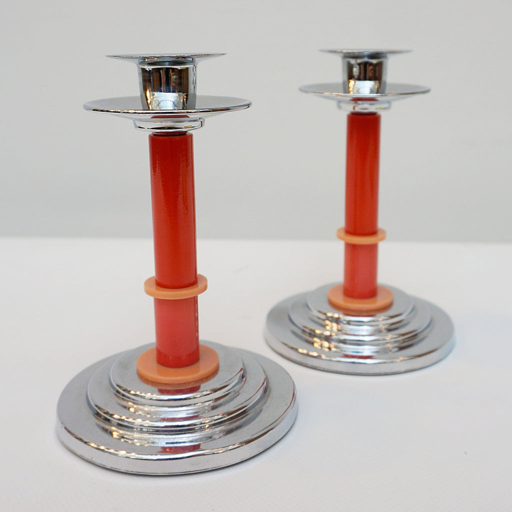 Pair of Art Deco Candlesticks. Bakelite Candlesticks 1930's Candle Holders. Red and Orange Bakelite. Jeroen Markies Art Deco