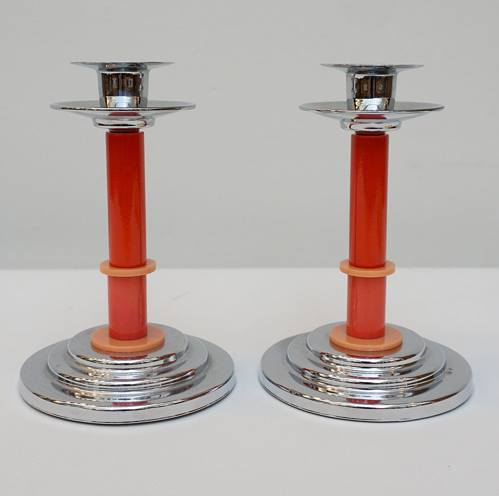 Pair of Art Deco Candlesticks. Bakelite Candlesticks 1930's Candle Holders. Red and Orange Bakelite. Jeroen Markies Art Deco