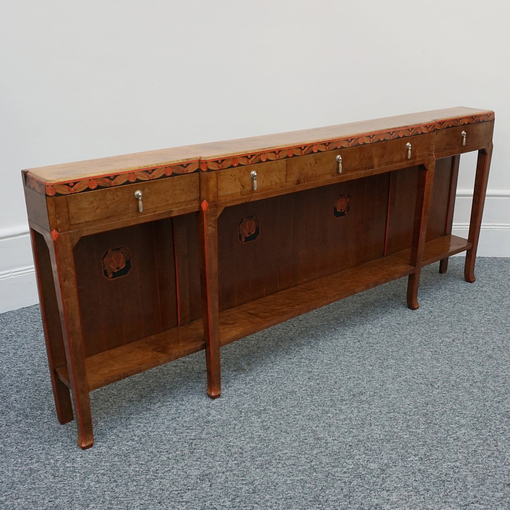 Exquisite Burr Elm Early 20th Century Slim 2.5 metre long Console table - Jeroen Markies Art Deco