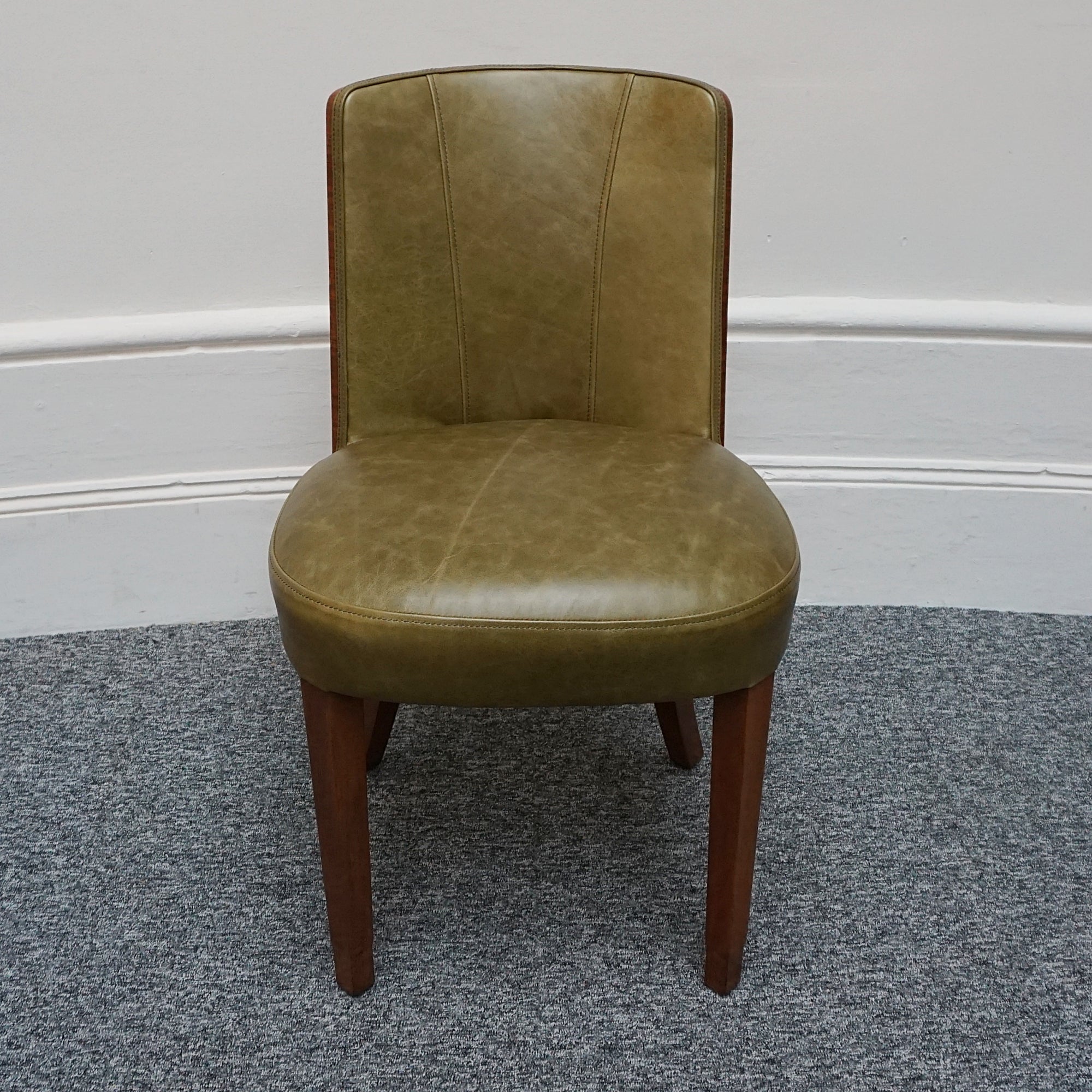 Vintage Art Deco Figured and Solid Walnut Desk Chair with Green Leather Re-Upholstery - Jeroen Markies Art Deco