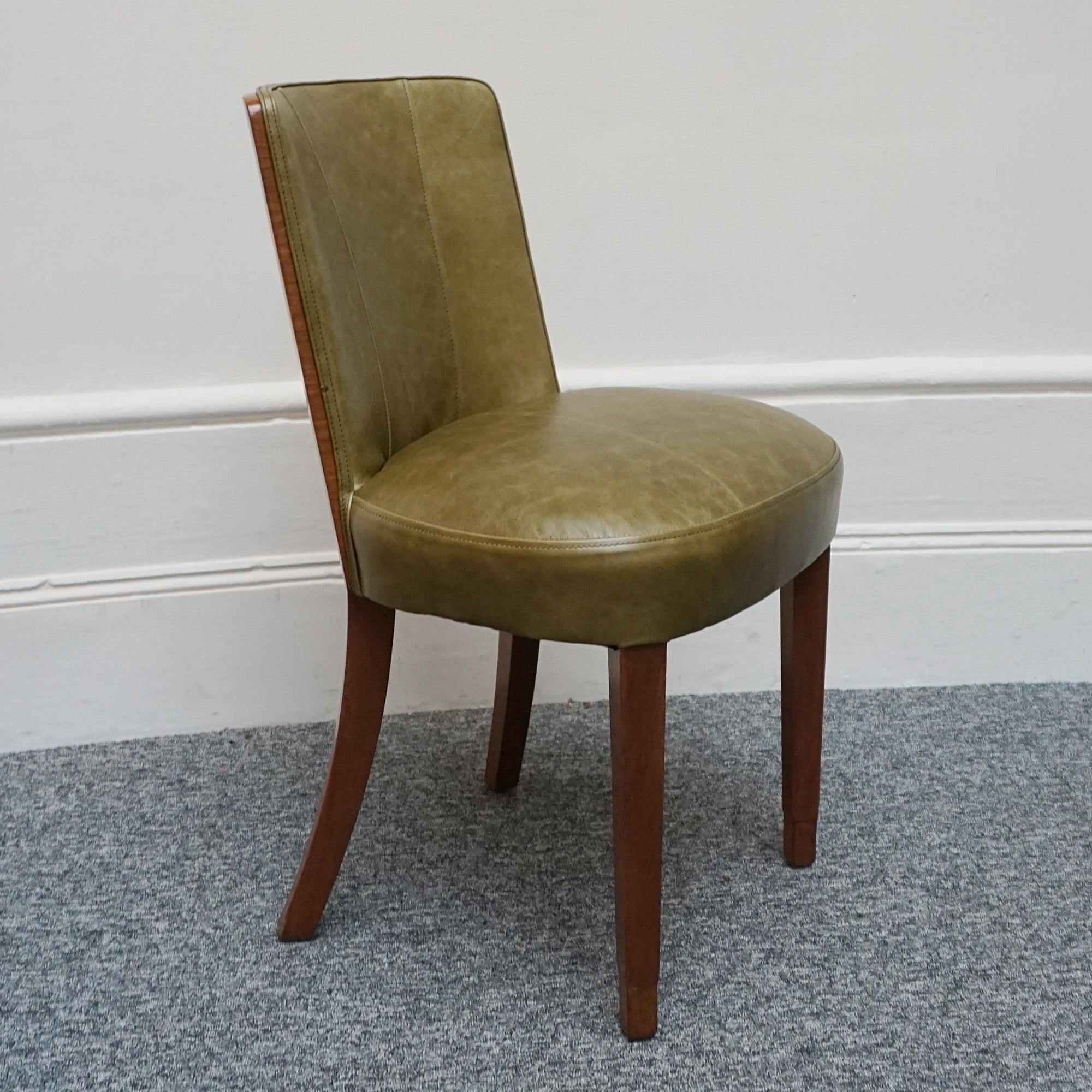 Vintage Art Deco Figured and Solid Walnut Desk Chair with Green Leather Re-Upholstery - Jeroen Markies Art Deco