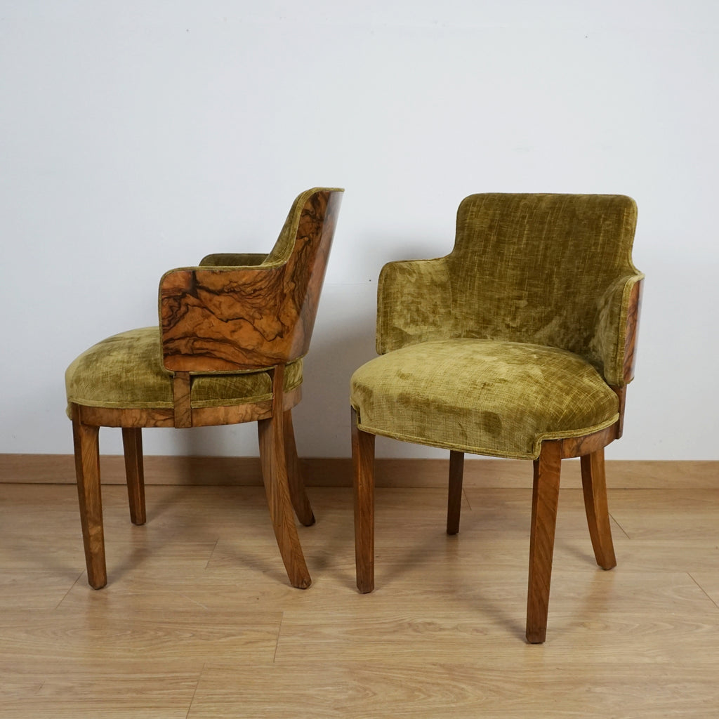 Art Deco Green Fabric and Burr Walnut Art Deco Armchairs - Markies Antiques ltd