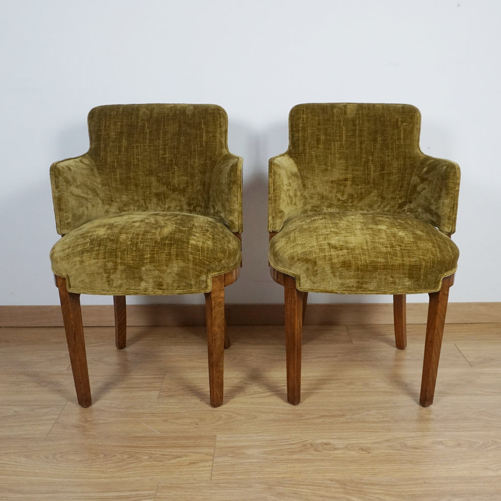 Art Deco Green Fabric and Burr Walnut Art Deco Armchairs - Markies Antiques ltd