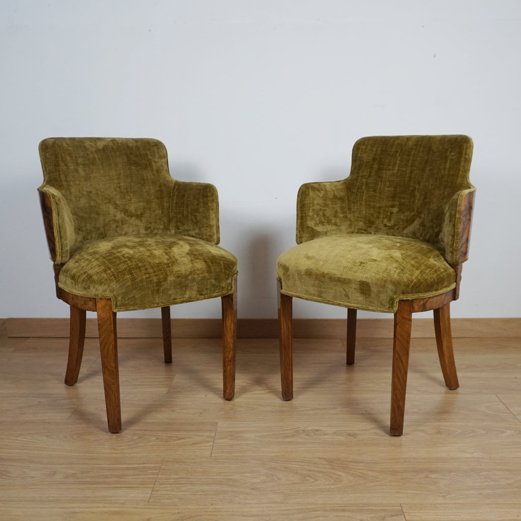 Art Deco Green Fabric and Burr Walnut Art Deco Armchairs - Markies Antiques ltd