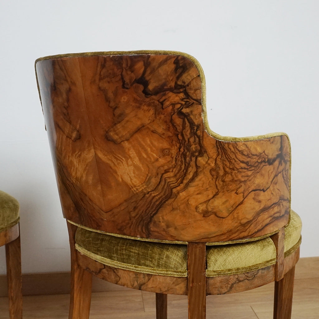 Art Deco Green Fabric and Burr Walnut Art Deco Armchairs - Markies Antiques ltd