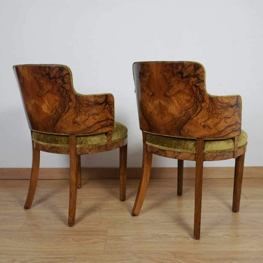 Art Deco Green Fabric and Burr Walnut Art Deco Armchairs - Markies Antiques ltd