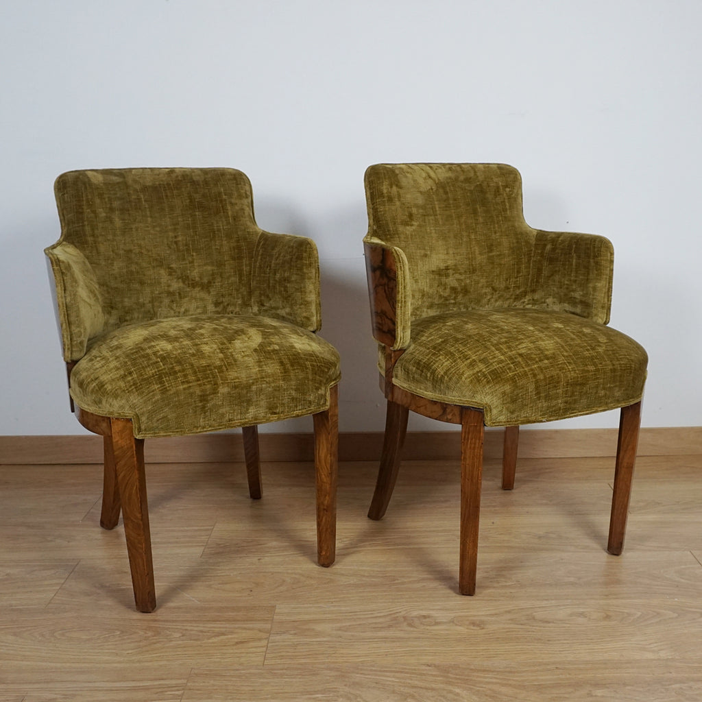 Art Deco Green Fabric and Burr Walnut Art Deco Armchairs - Markies Antiques ltd