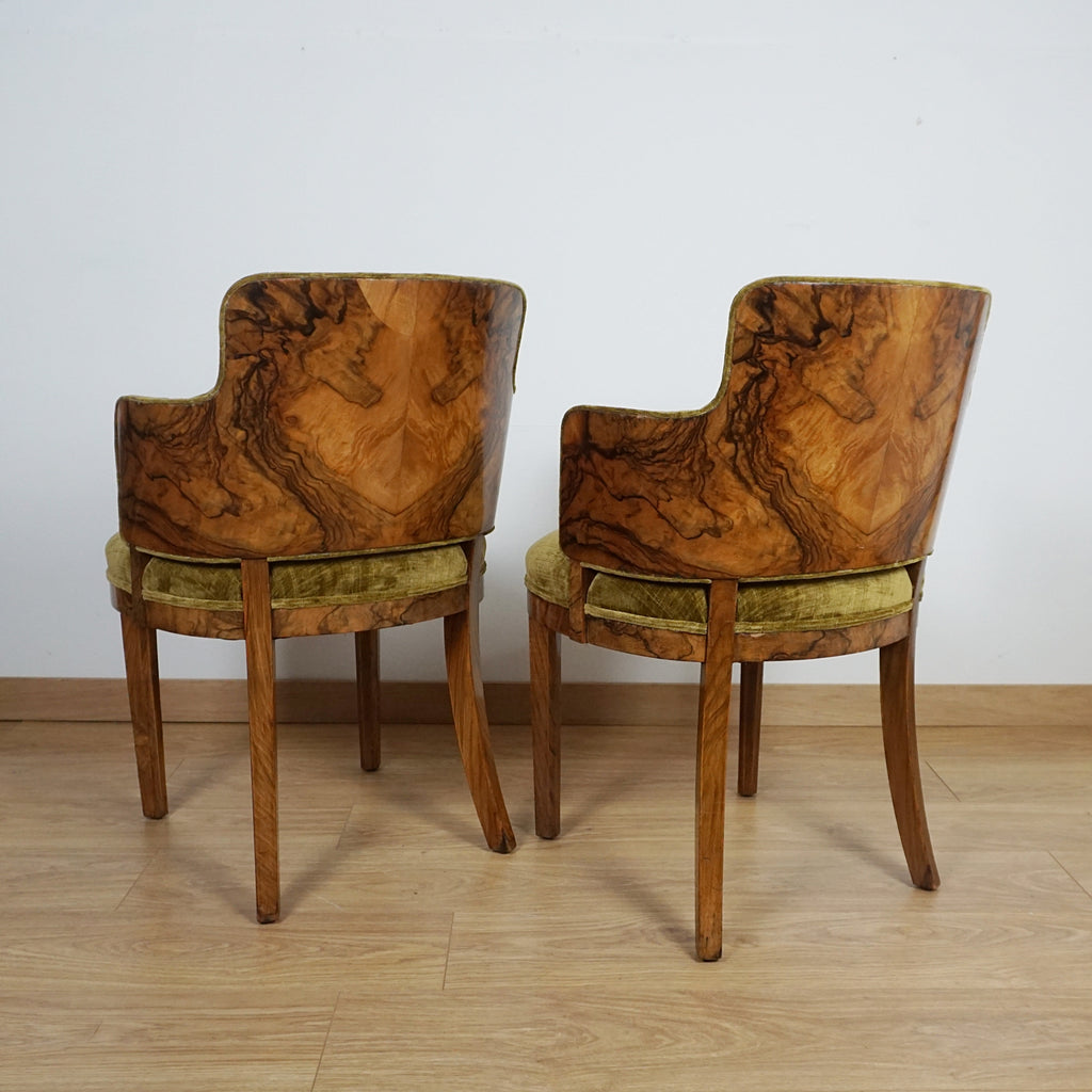 Art Deco Green Fabric and Burr Walnut Art Deco Armchairs - Markies Antiques ltd