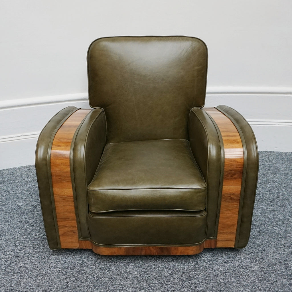Vintage Art Deco Tank Armchairs in Green Leather with Walnut Show Wood - Jeroen Markies Art Deco
