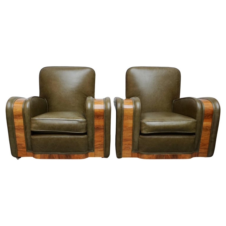 Vintage Art Deco Tank Armchairs in Green Leather with Walnut Show Wood - Jeroen Markies Art Deco