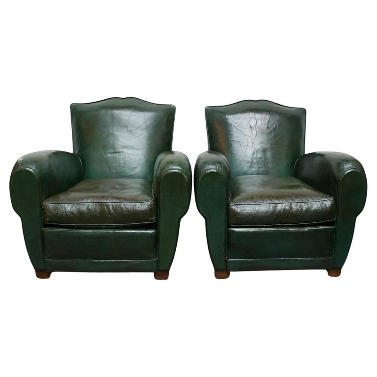 Original Vintage French Art Deco Moustache Backed Club Chairs in Vintage Green Leather - Jeroen Markies Art Deco
