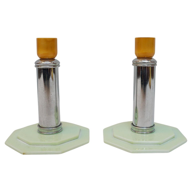 Pair of Art Deco Candlesticks. Bakelite Candle Holders. 1930's Candlesticks. Chromed Candlesticks. Jeroen Markies Art Deco