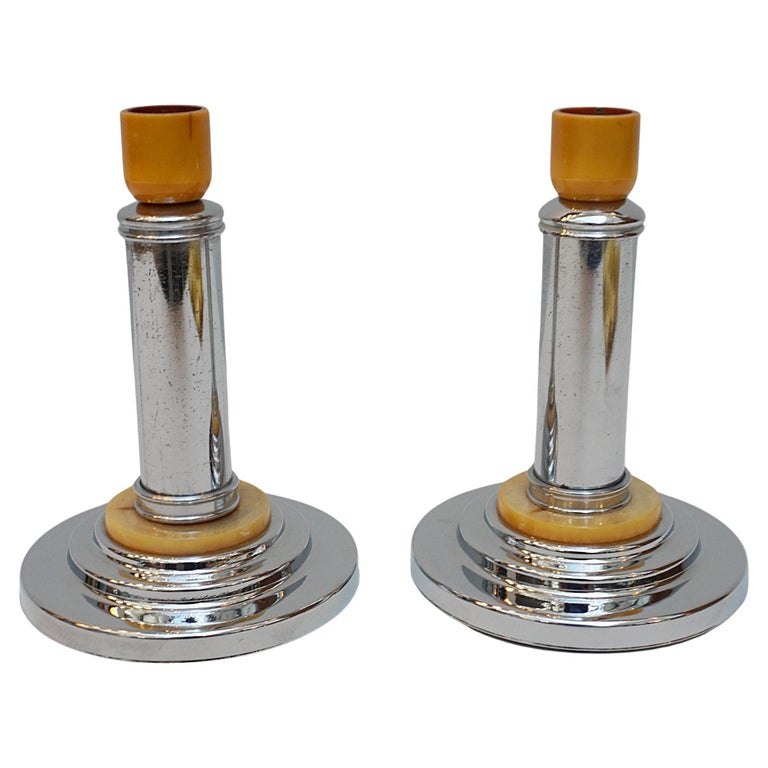 Pair of Art Deco Candlesticks. 1930's Candlestick. Chromed metal and amber bakelite - Jeroen Markies Art Deco