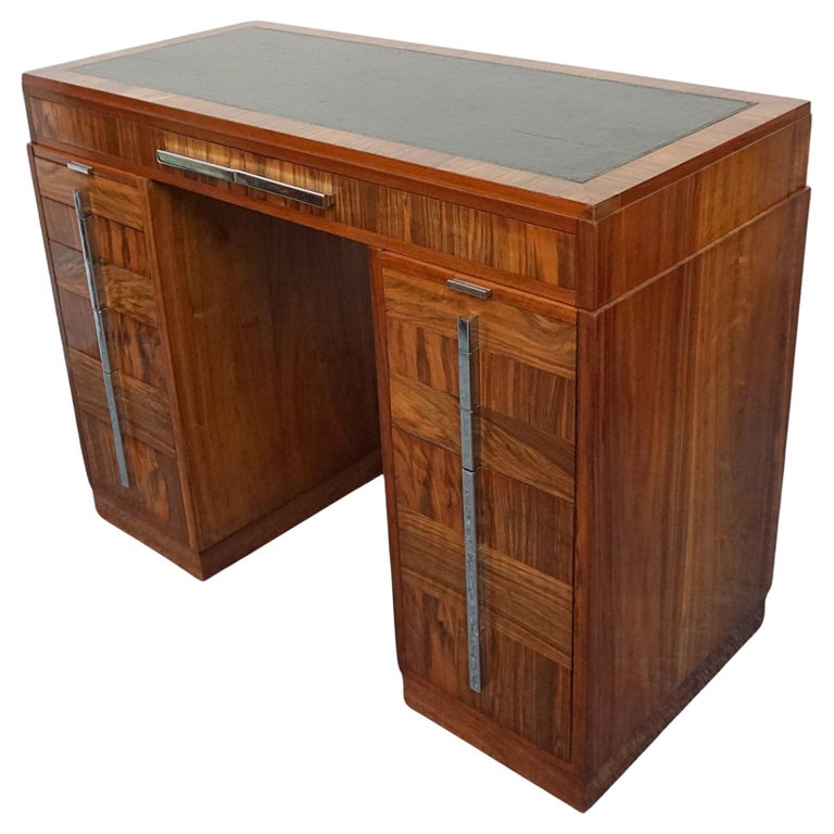An Art Deco writing desk. Burr walnut with figured walnut banding and original chromed vertical handles. Art Deco Writing Desk. Ladies Desk. Classic, vintage desk- Jeroen Markies Art Deco 