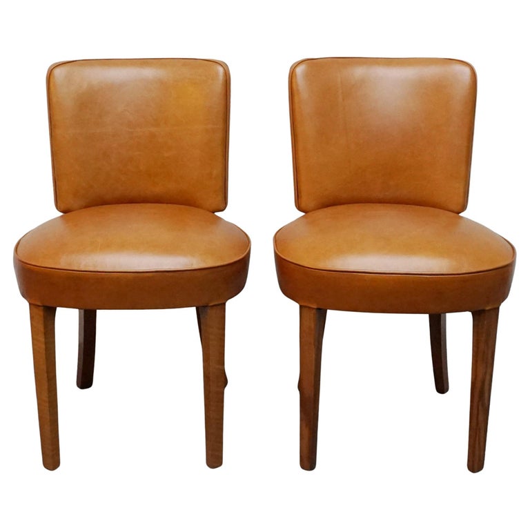 Original Art Deco Side Chairs. Tan Leather Upholstery, Burr Walnut Veneered. Vintage Chairs. 1930's - Jeroen Markies Art Deco