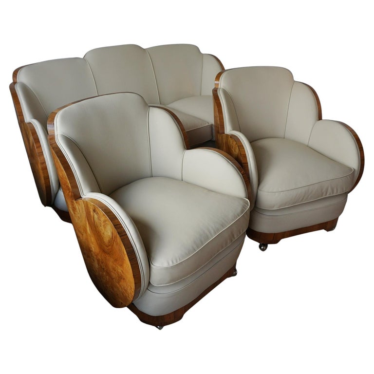 Art Deco Three Piece Cloud Suite by Harry & Lou Epstein with Wraparound Walnut Veneers and Cream Leather Upholstery - Jeroen Markies Art Deco