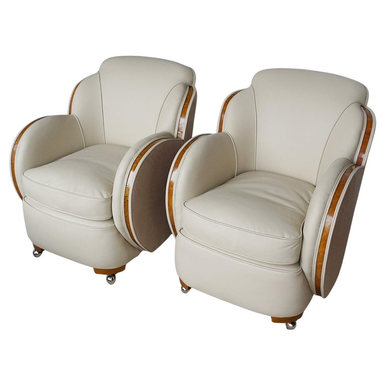 Pair of Art Deco Cloud Chairs by Harry & Lou Epstein - Burr Walnut and Cream Leather Lounge Chairs - Jeroen Markies Art Deco