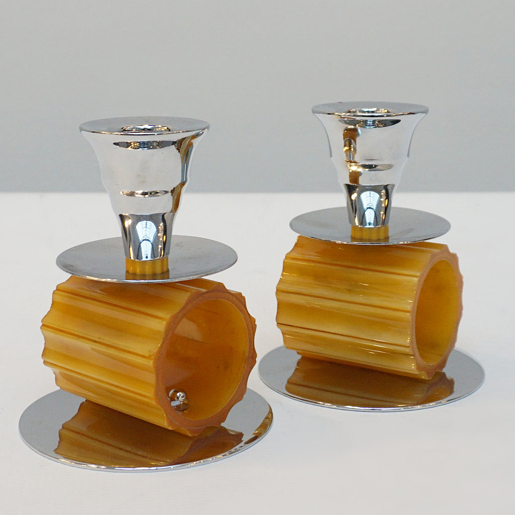A pair of Art Deco style candlesticks. Amber bakelite, chrome. Jeroen Markies Art Deco