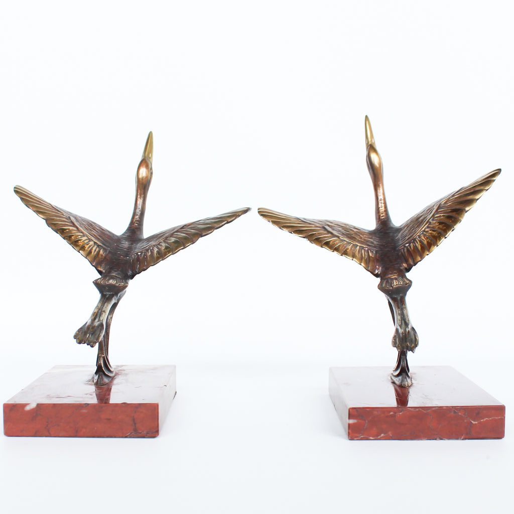 A pair of Art Deco, bronze bookends in the form of two marabou storks. Set over marble plinths. 