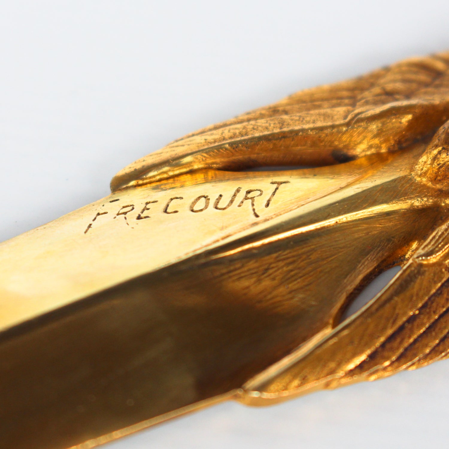 A gilt bronze and onyx in a bird motif, including letter opener and inkwell tray. In fitted presentation case. All signed, "Frecourt". Maurice Frecourt (French 1890) at Jeroen Markies