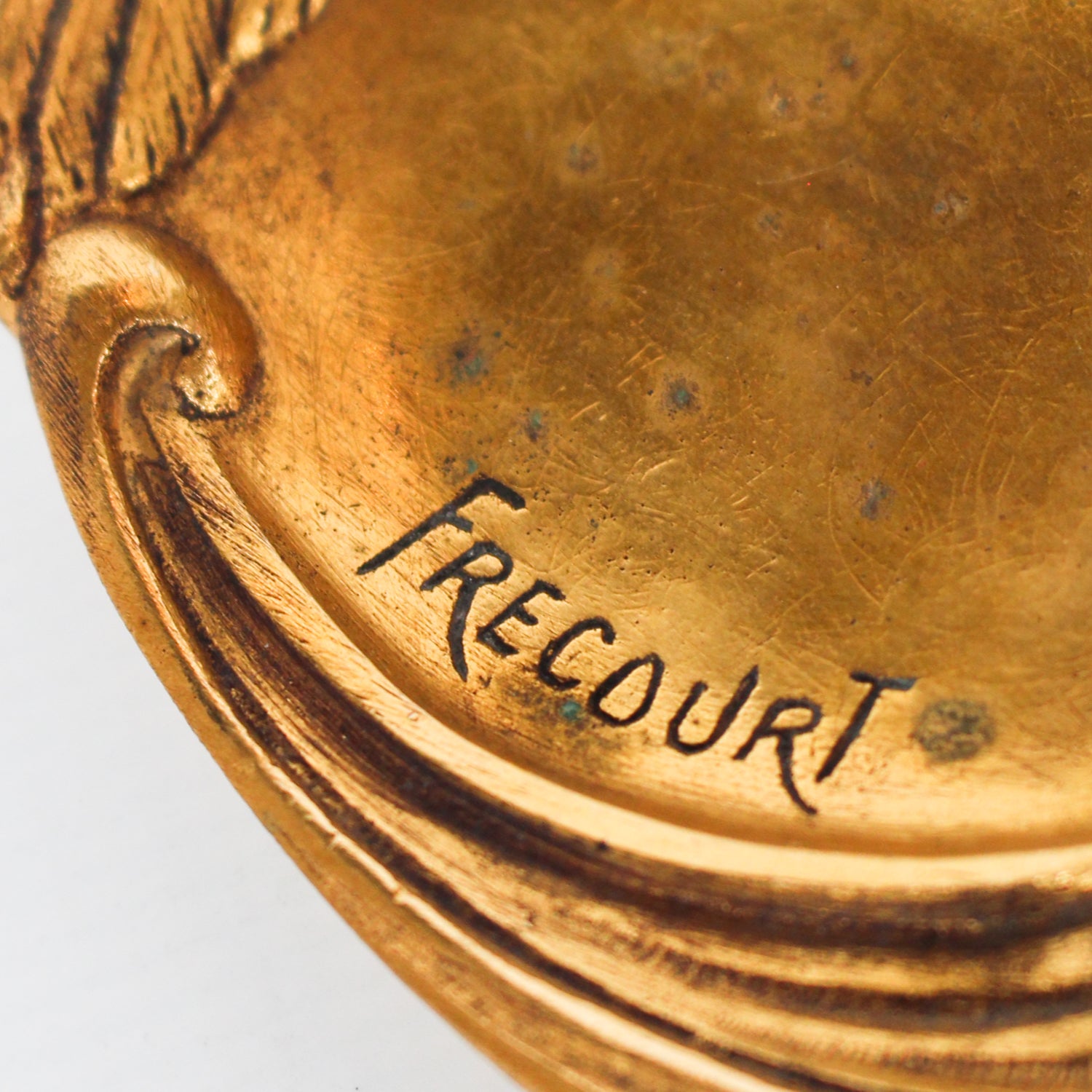 A gilt bronze and onyx in a bird motif, including letter opener and inkwell tray. In fitted presentation case. All signed, "Frecourt". Maurice Frecourt (French 1890) at Jeroen Markies