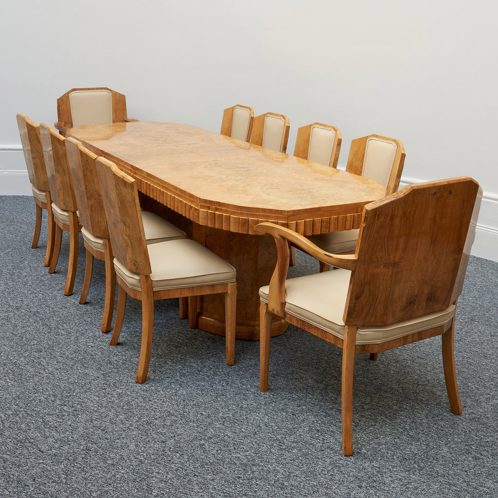 Art Deco Ten Seat Dining Suite by Hille Burr Walnut and Cream Leather - Jeroen Markies Art Deco - Original Dining Suite Art Deco