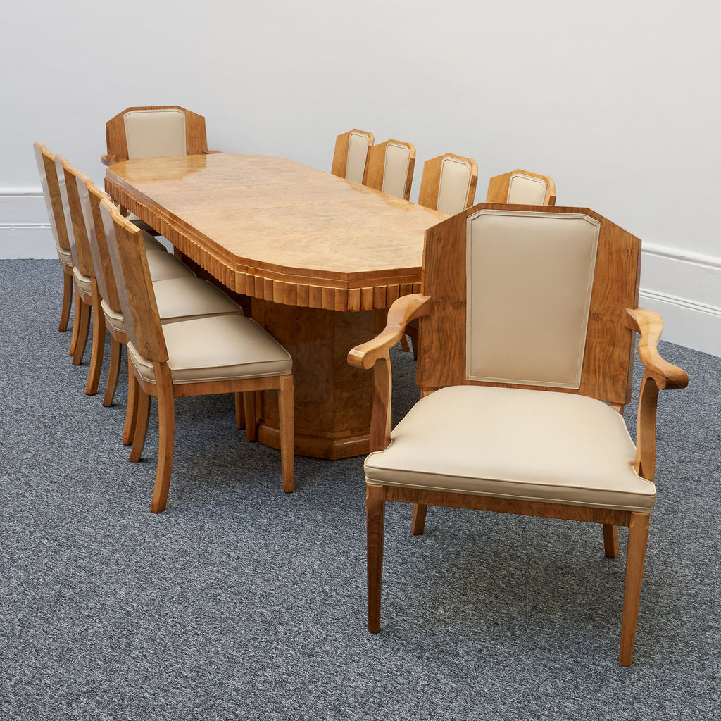 Art Deco Ten Seat Dining Suite by Hille Burr Walnut and Cream Leather - Jeroen Markies Art Deco - Original Dining Suite Art Deco