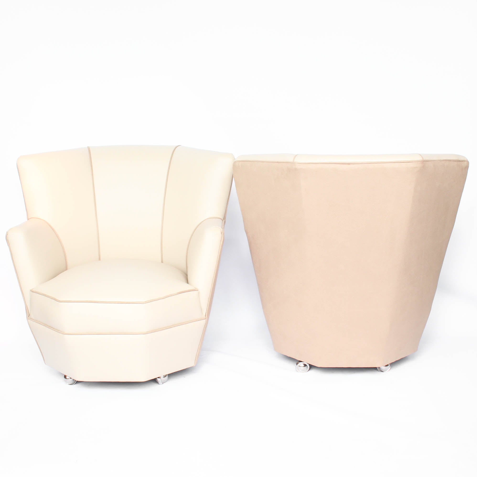 A pair of 1930s three penny piece bedroom/cocktail chairs. Upholstered in cream leather to fronts and faux suede to back and sides with new kendrick chrome casters at Jeroen Markies