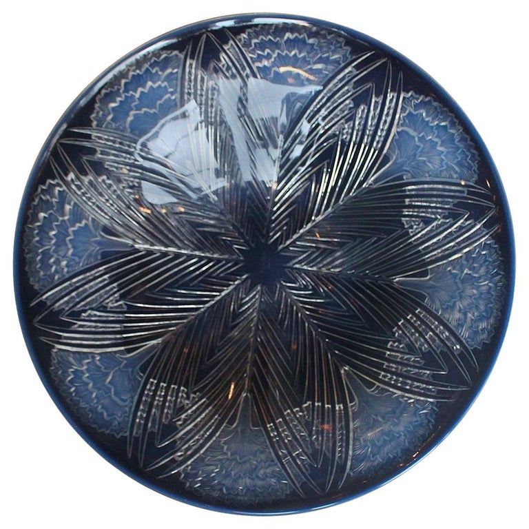 Eillets - Lalique Glass - an Art Deco coupe dish Opalescent glass covered over with raised, motif of carnations with geometrically patterned leaves.