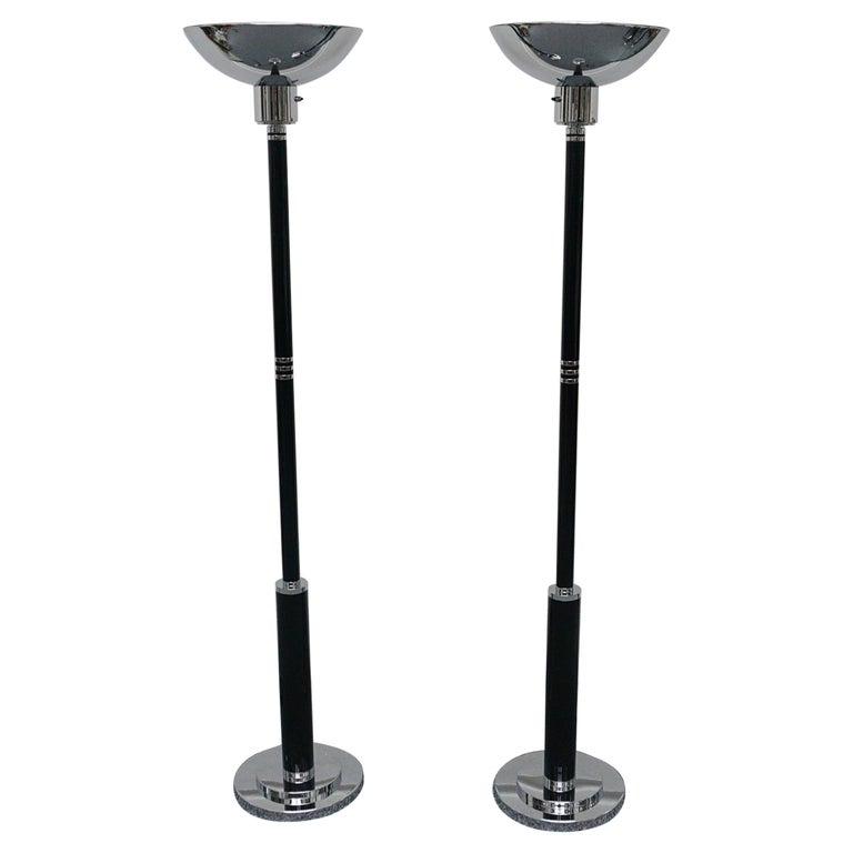 Pair of art Deco Style Black Bakelite and chromed metal uplighter floor lamps - Jeroen Markies Art Deco