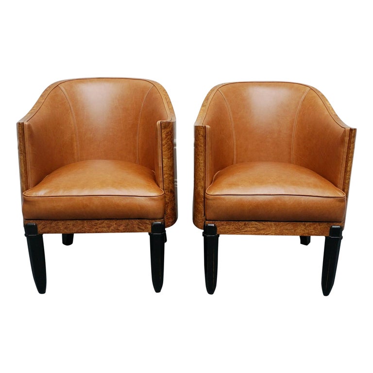 Original Vintage Art Deco Club Armchairs in Brown leather and walnut - Jeroen Markies Art Deco 