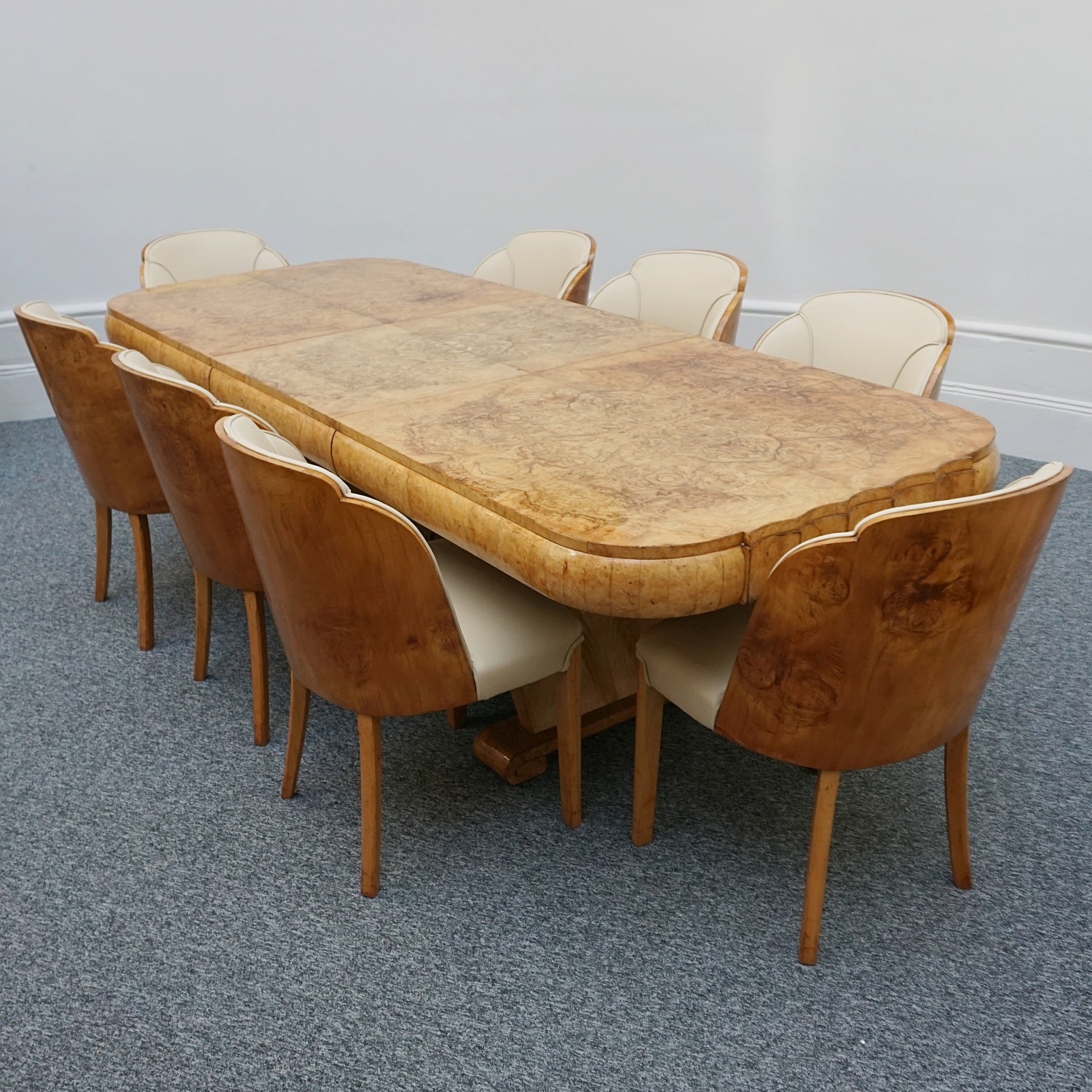 Art Deco Eight Seater Dining Suite by Harry & Lou Epstein Circa 1935 Burr Walnut and Leather - Jeroen Markies Art Deco