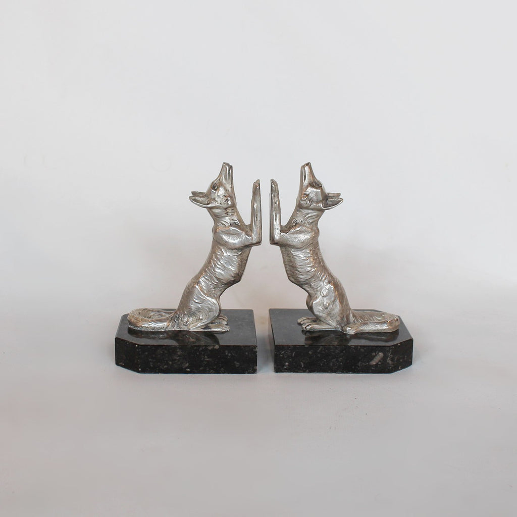 Art Deco silvered bronze fox bookends signed H Moreau