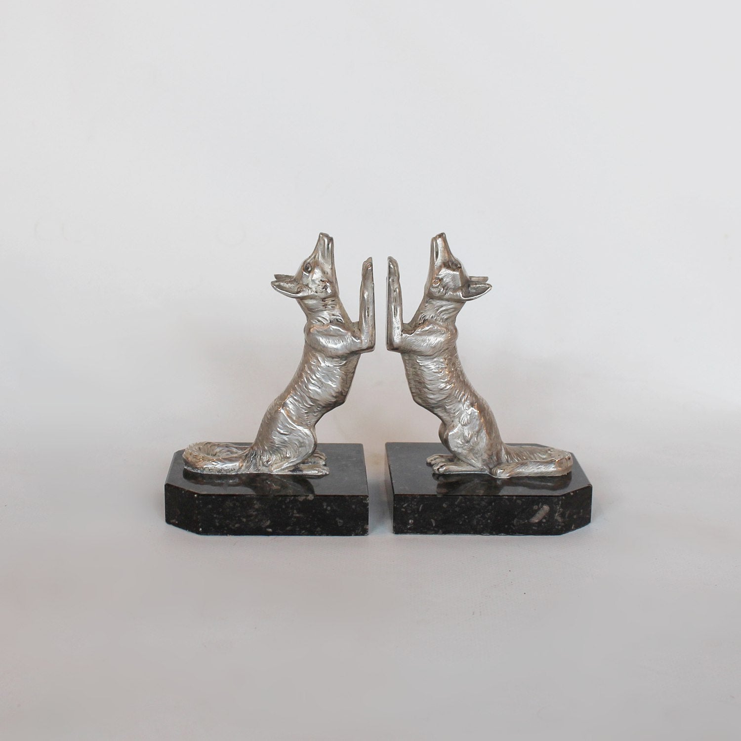 Art Deco silvered bronze fox bookends signed H Moreau