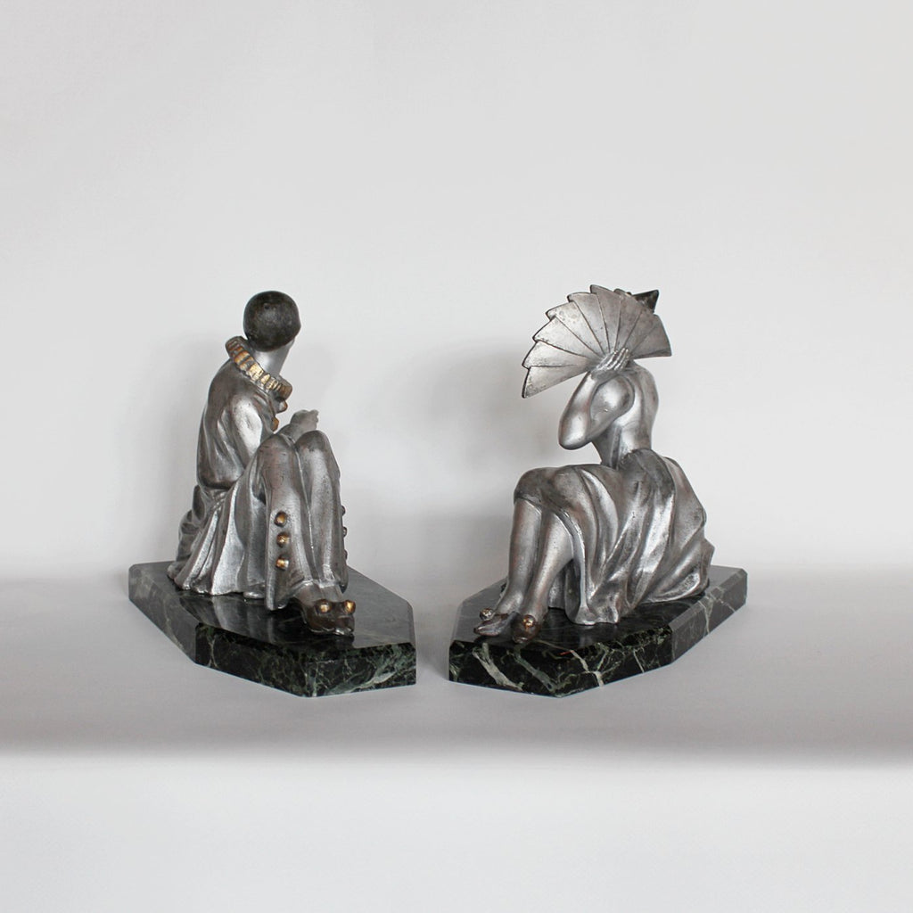 Art Deco cold painted spelter Pierrot and Columbine bookends at Jeroen Markies