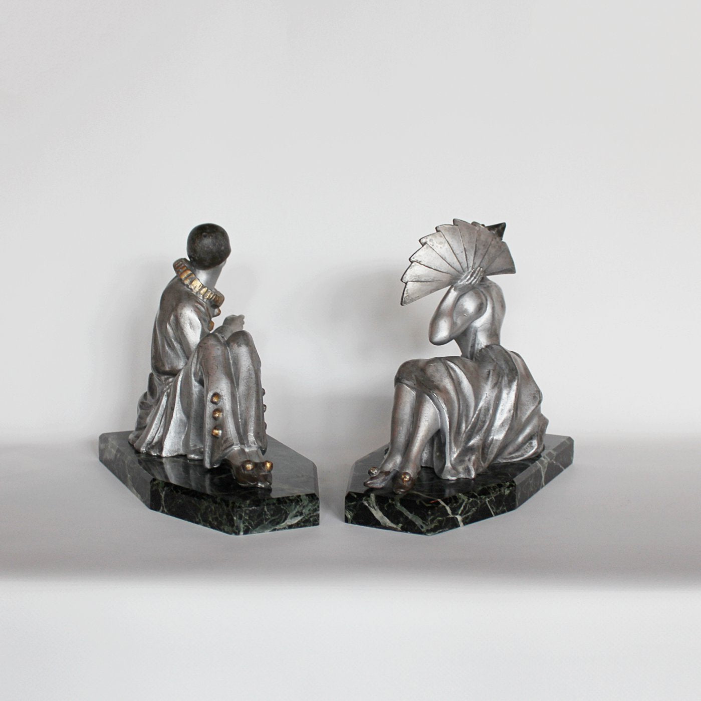Art Deco cold painted spelter Pierrot and Columbine bookends at Jeroen Markies