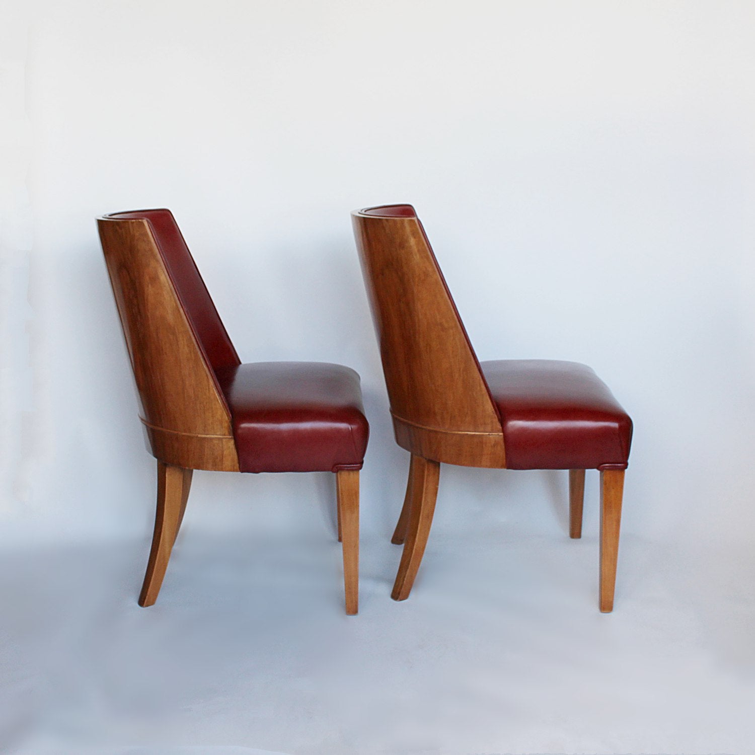 Art Deco chairs in walnut and leather circa 1930 at Jeroen Markies