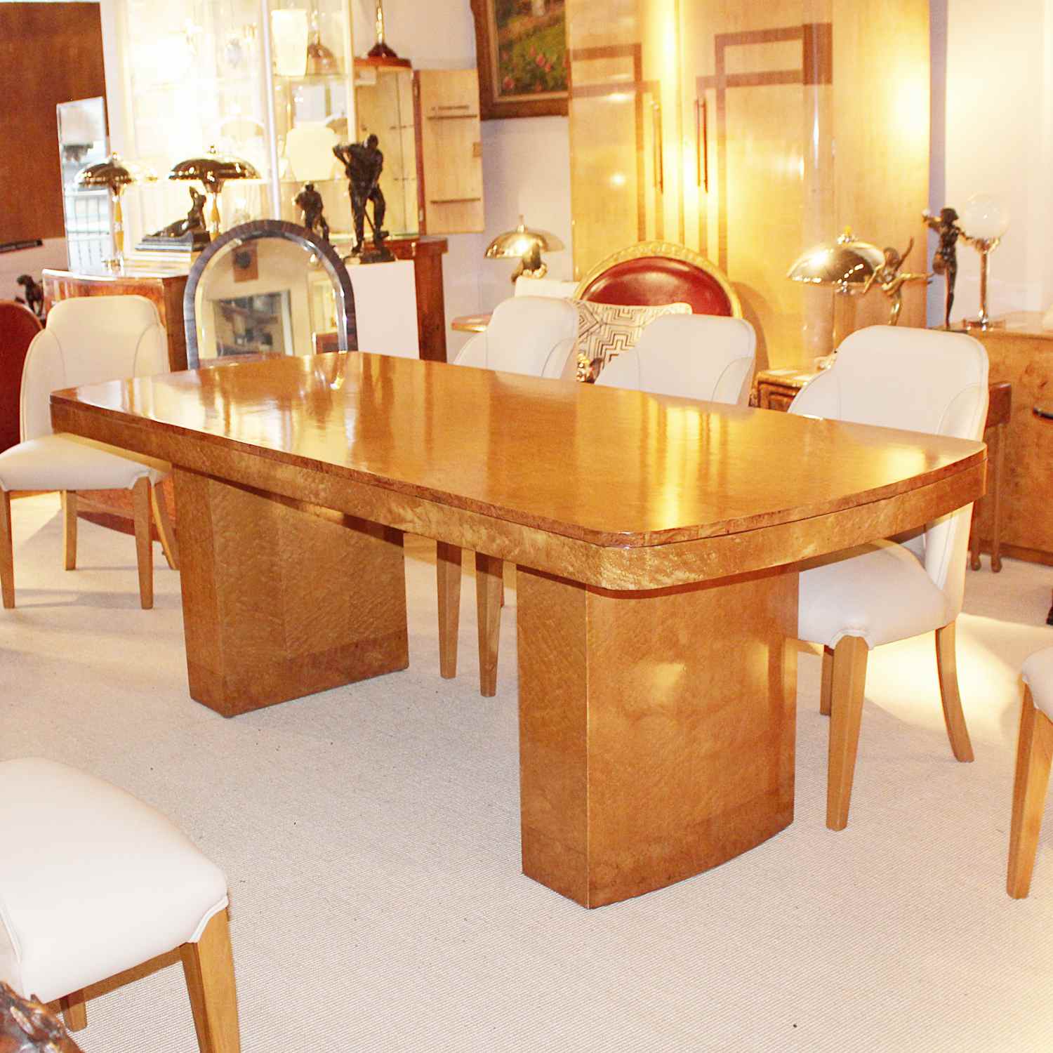 Art Deco dining table and 8 chairs in birds eye maple at Jeroen Markies
