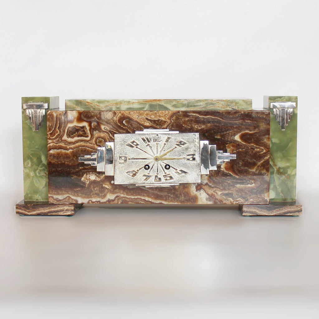 Art Deco Mantel Clock  in onyx and silvered bronze att to Geroges Lavroff at Jeroen Markies 
