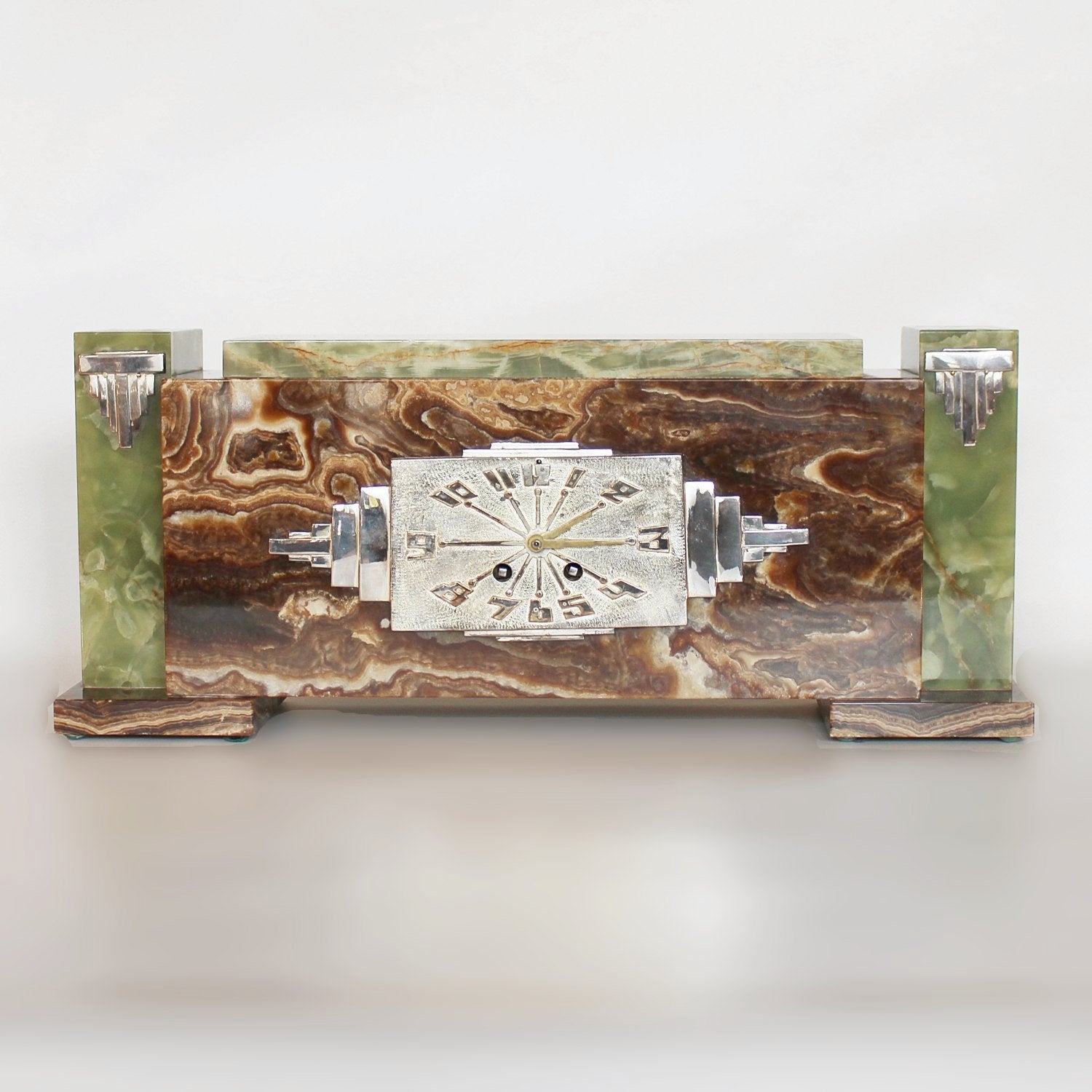 Art Deco Mantel Clock  in onyx and silvered bronze att to Geroges Lavroff at Jeroen Markies 