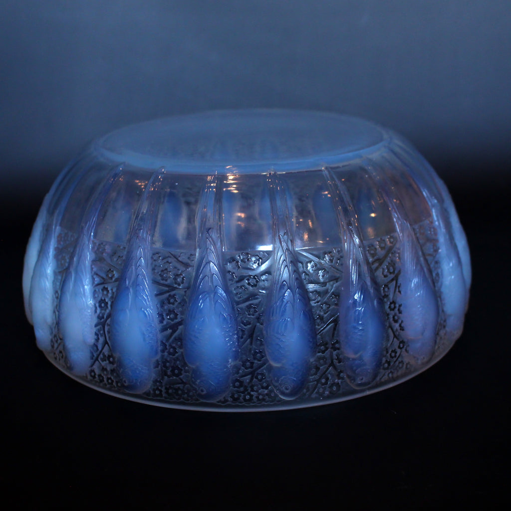 A frosted an opalescent glass bowl depicting parakeets in relief. Hand etched 'R Lalique France' to underside at Jeroen Markies