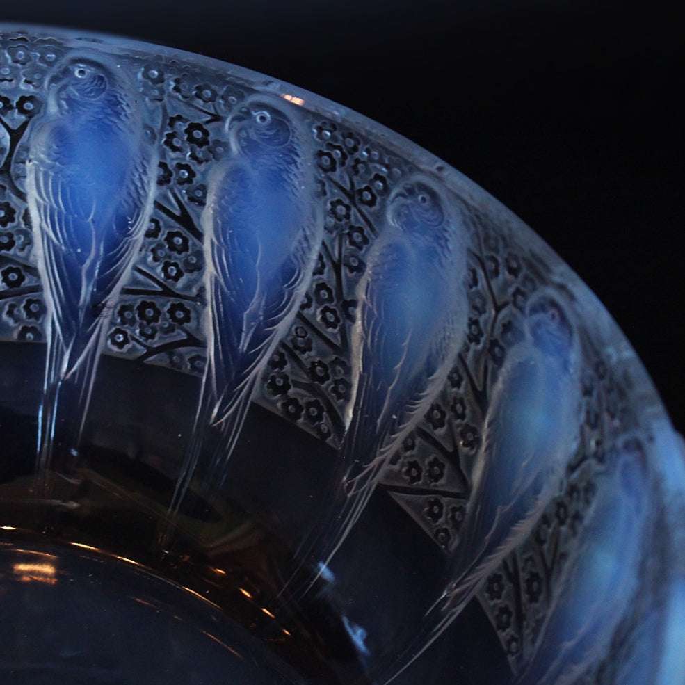 A frosted an opalescent glass bowl depicting parakeets in relief. Hand etched 'R Lalique France' to underside at Jeroen Markies