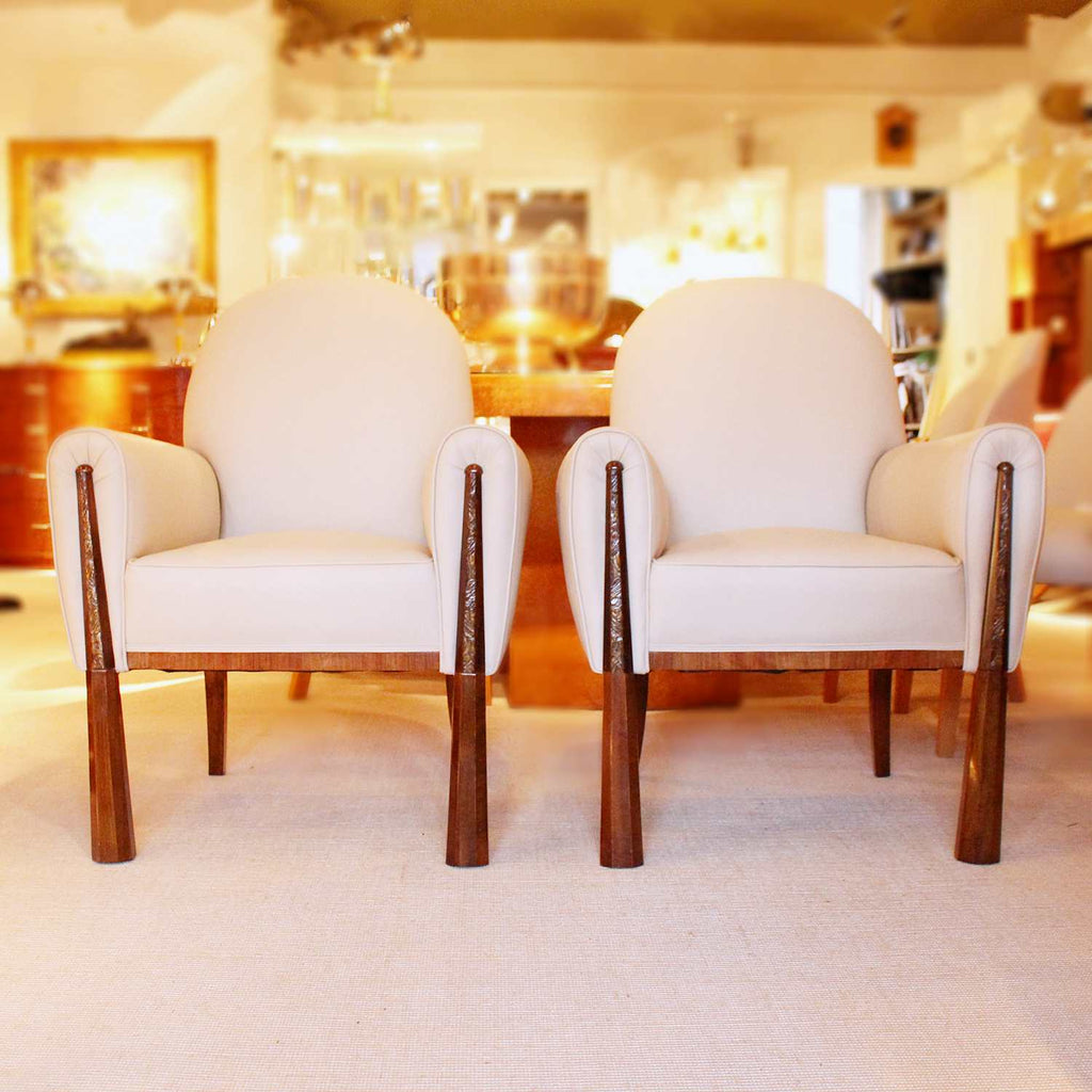 Art Deco armchairs with carved walnut legs French circa 1930 at Jeroen Markies