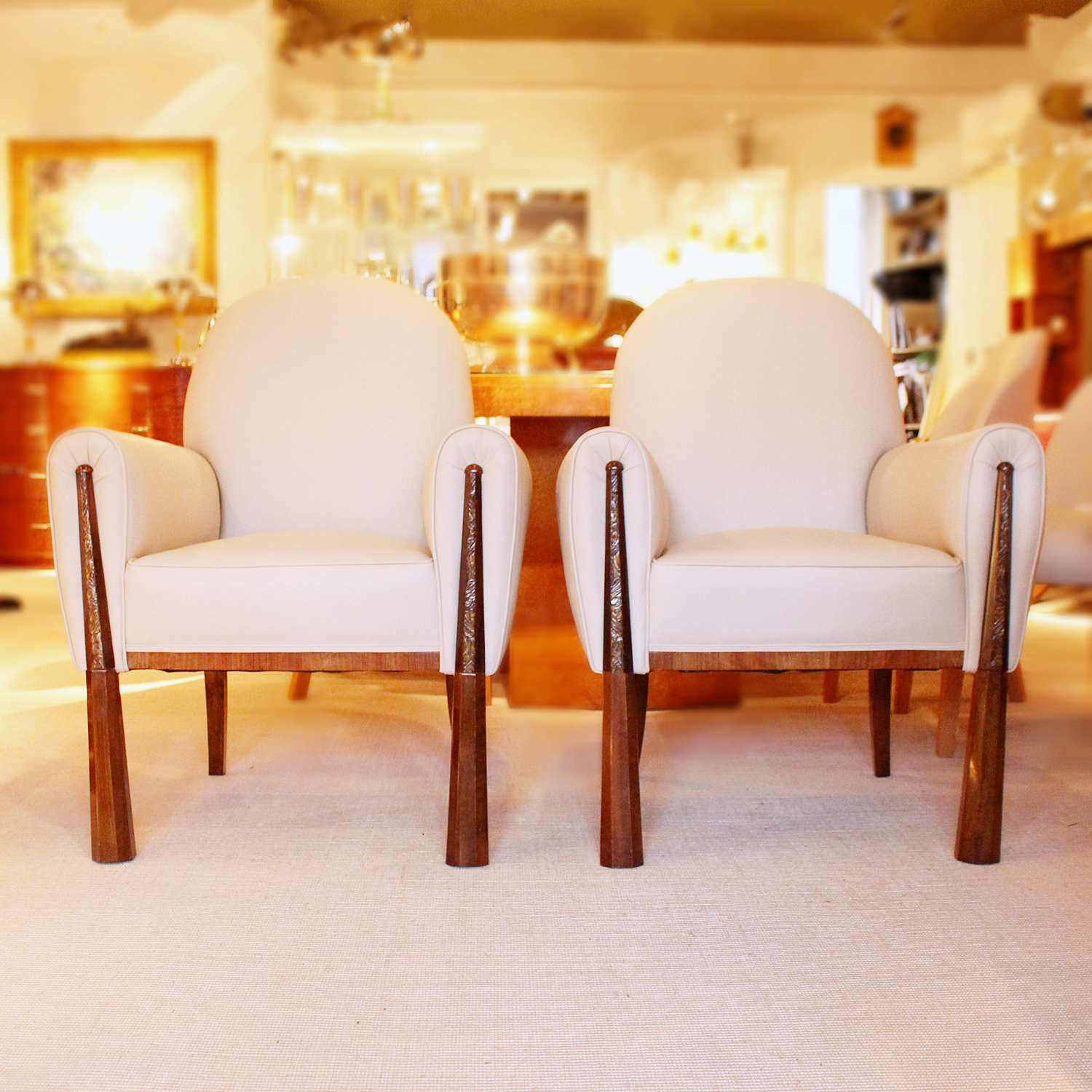 Art Deco armchairs with carved walnut legs French circa 1930 at Jeroen Markies