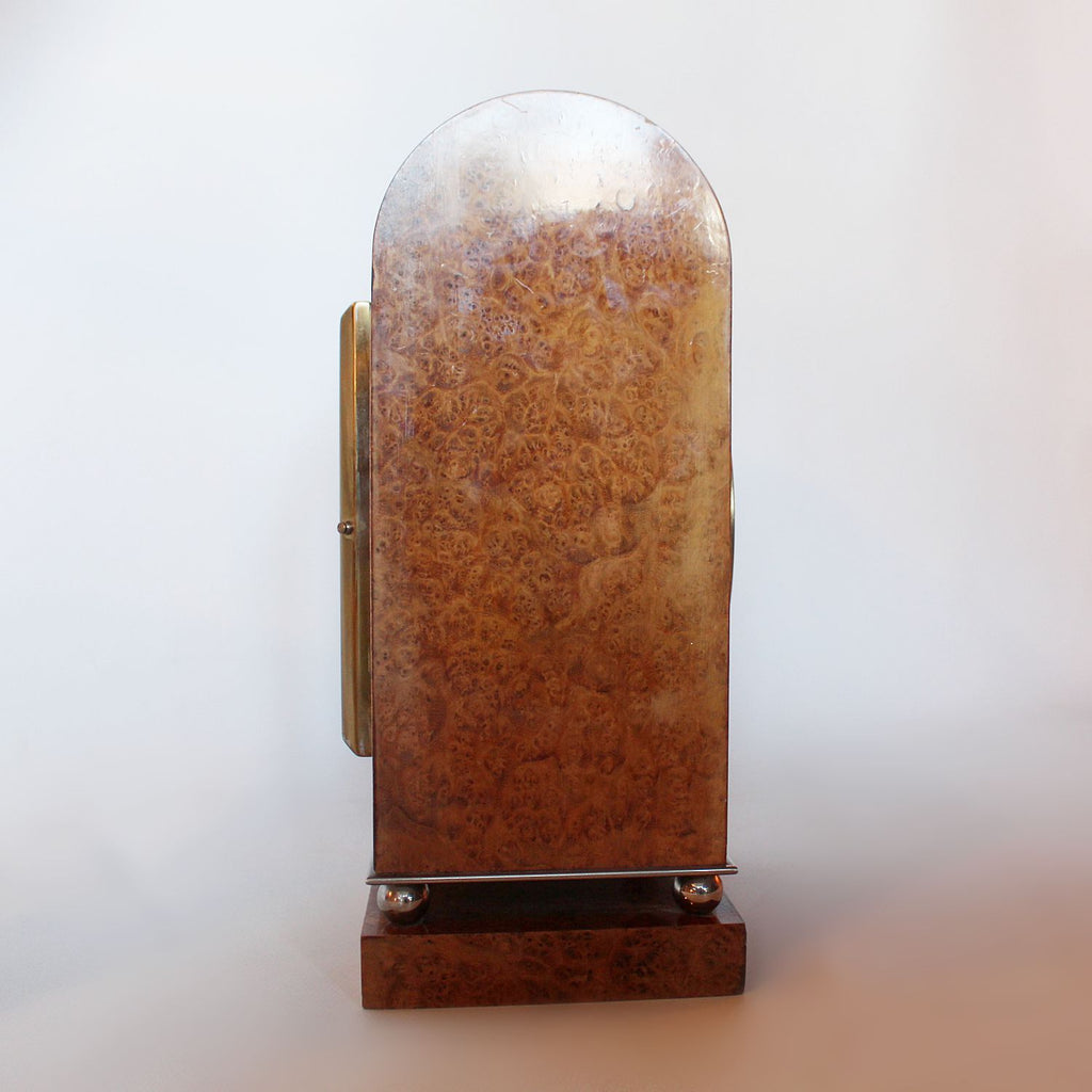 An Art Deco mantel clock in amboyna with metal face circa 1930 at Jeroen Markies 