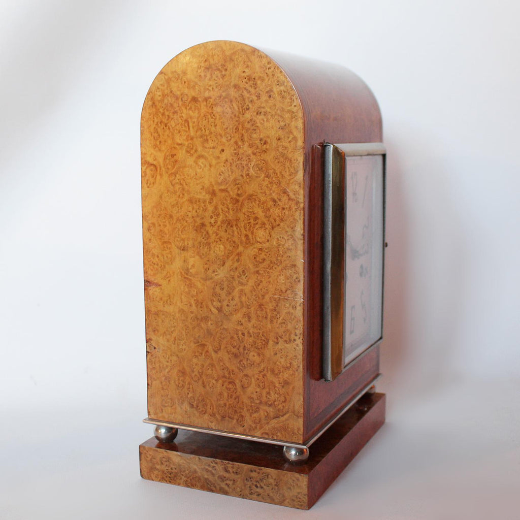 An Art Deco mantel clock in amboyna with metal face circa 1930 at Jeroen Markies 